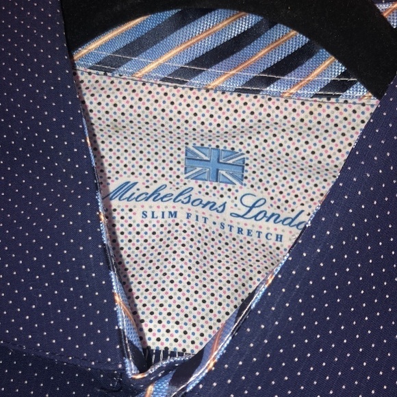 Men’s Mickelsons London Slim Fit Stretch Navy Dot Long Sleeve Dress Shirt Size L - Picture 9 of 10